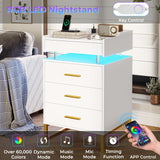 LED Nightstand with Charging Station, Large Night Stand with 3 Drawers and 1 Pull-Out Tray