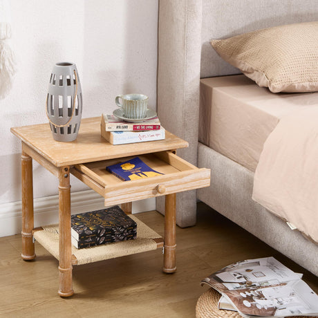 Table with Drawer for Living Room Couch Farmhouse End Table with Woven Rope Shelf