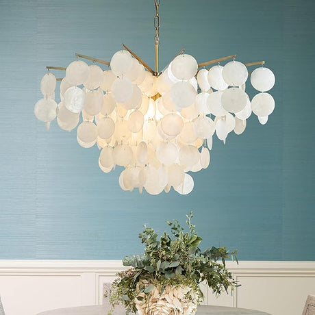 Shell Chandelier, White and Gold Chandelier Light Fixture with 4 Lights Capiz Seashell