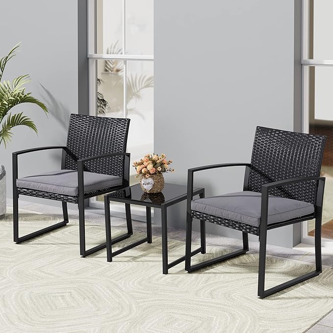 3 Pieces Outdoor Patio Furniture Set, Modern Wicker Bistro Set, Conversation Rattan Chair