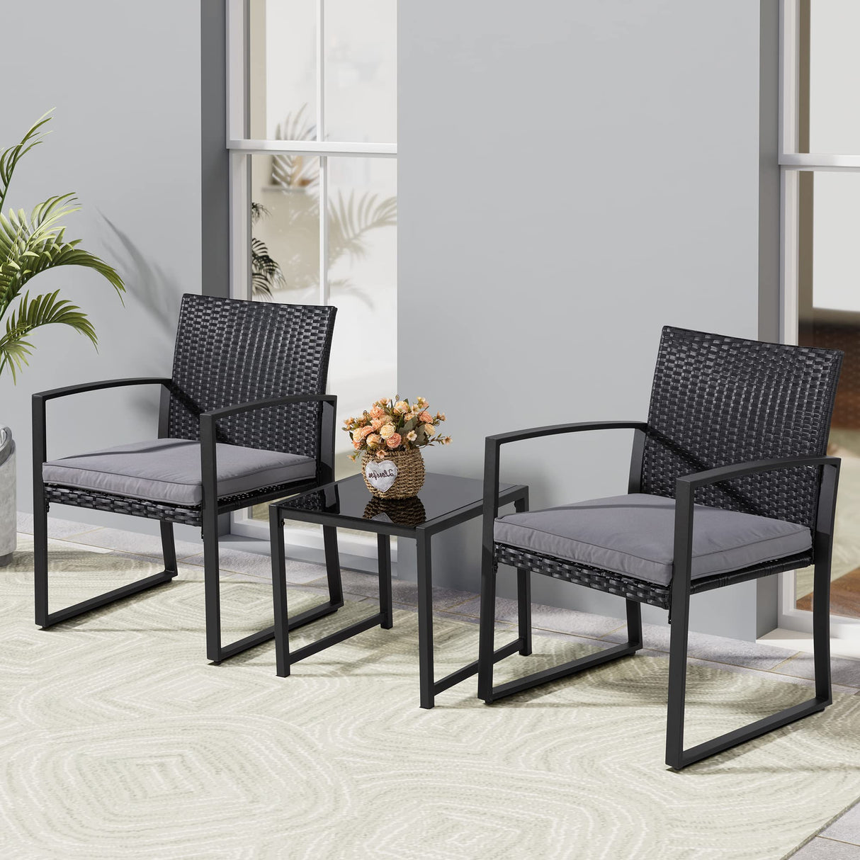 3 Pieces Outdoor Patio Furniture Set, Modern Wicker Bistro Set