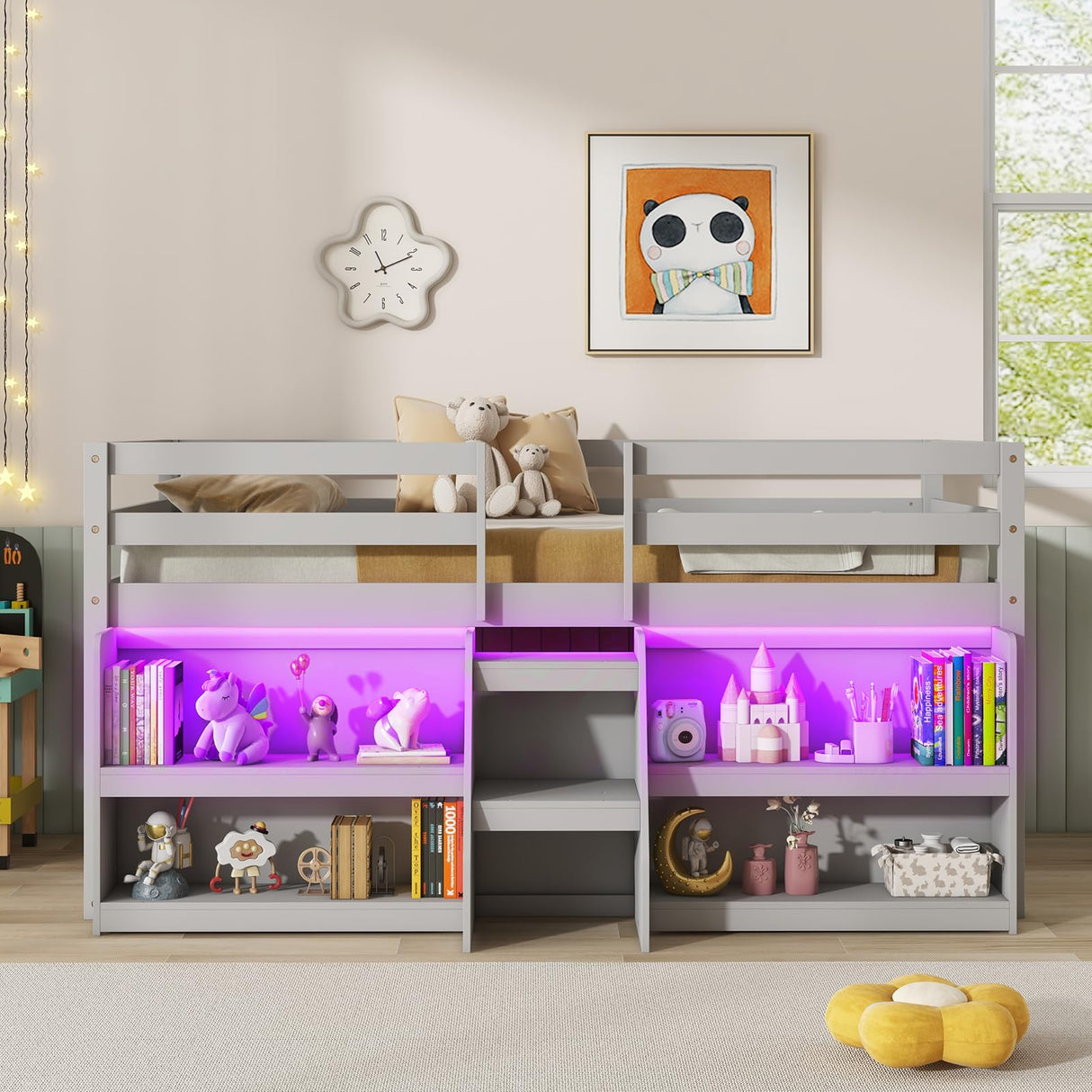 Low Loft Bed with LED Lights, Wooden Twin Loft Bed with Stairs & Safety Guardrail