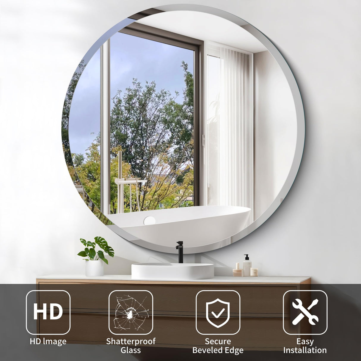 Frameless Round Mirror, 42 inch Beveled Bathroom Mirrors for Wall,