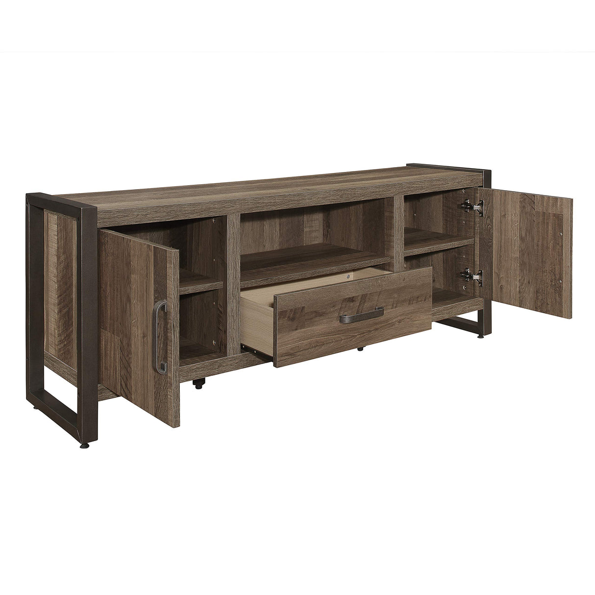 TV Stand, 64" W, Brown/Gunmetal