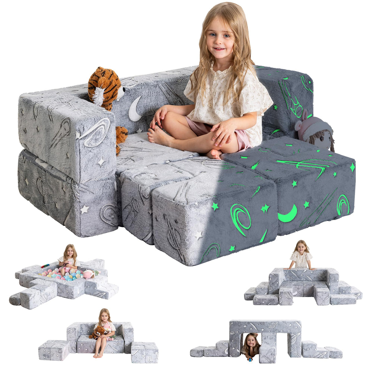 Modular Kids Play Couch, 10pcs Toddler Couch Kids Sofa,Child Sectional Sofa for Creativing, Sleeping, Convertible Toddler Play Foam Couch for Playroom,Bedroom Furniture,Glow in The Dark