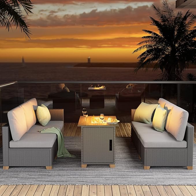 6 Seats Outdoor Conversation Sets with Olefin Cushions, Wicker Modular Sofa Sets with Coffee Table for Backyard Garden Poolside Light Gray