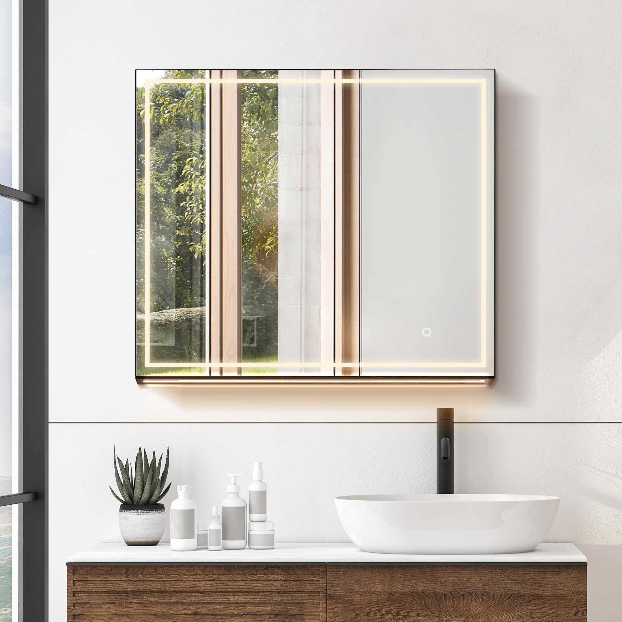 Hesili 32" Surface-Mount LED Lighted Black Aluminum Mirror Medicine Cabinet