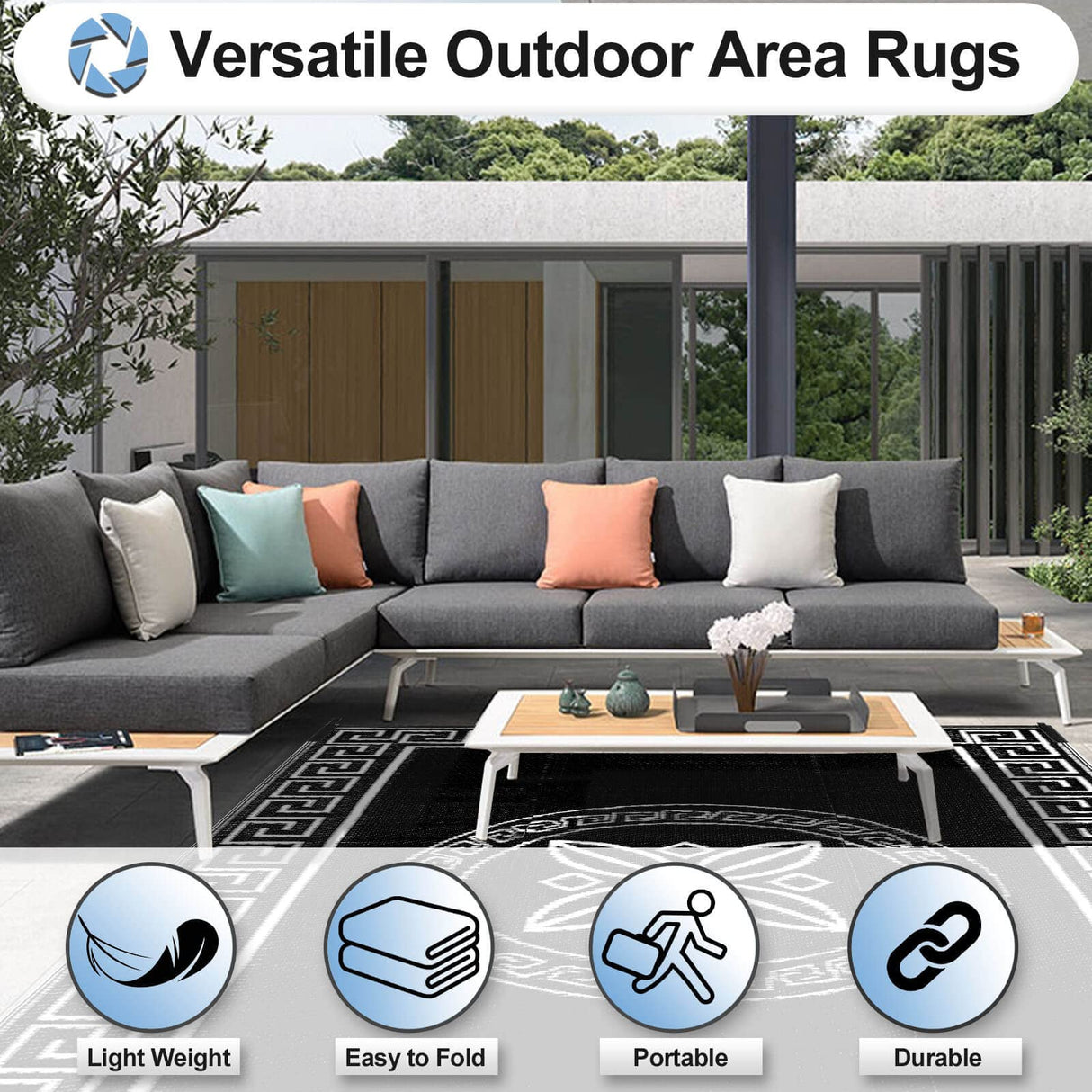 Outdoor Reversible Rugs for Patio 9x12 ft - Plastic Area Rug, Stain & UV Resistant Portable