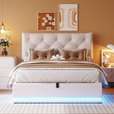 Full Size Upholstered Bed with Hydraulic Storage System and LED Light, Modern Platform