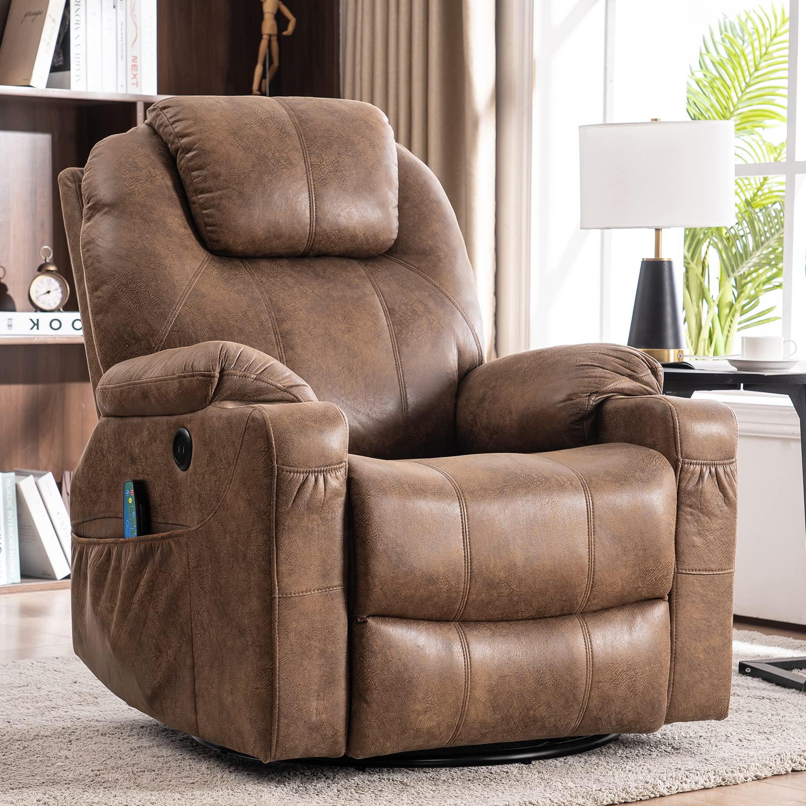 MeetWarm Swivel Massage Recliner – Bronzing Suede, Heat, USB, Cup Holders