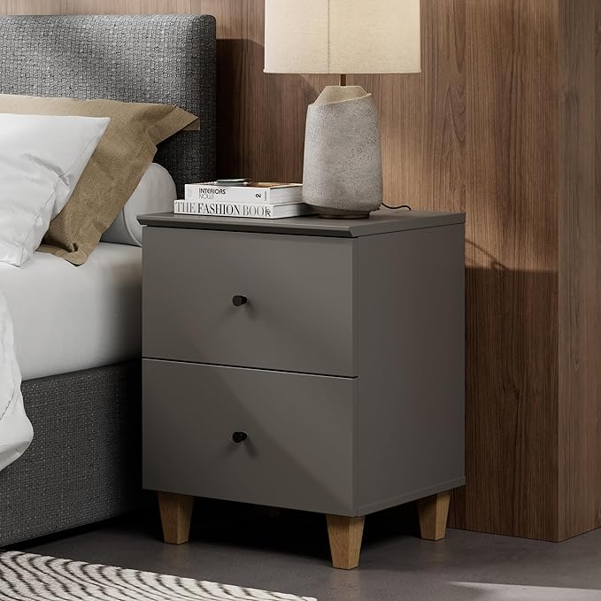 Nightstands with Charging Station & 2 Drawers Storage, Modern End Tables Mid-Century