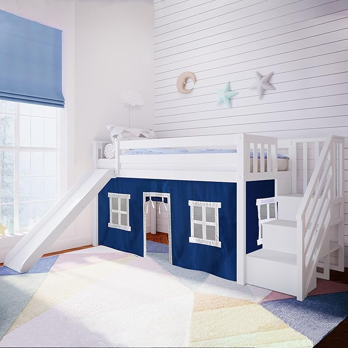 Loft Bed, Twin Bed Frame For Kids With Stairs, Slide, and Curtains for bottom, Grey/Blue