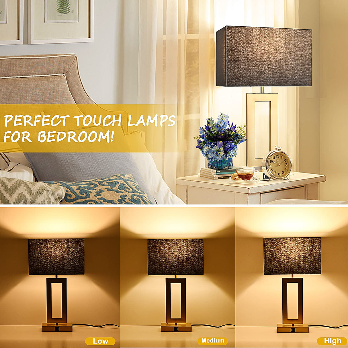 22'' Black&Gold Lamps for Bedrooms Set of 2, Touch Control Table Lamps