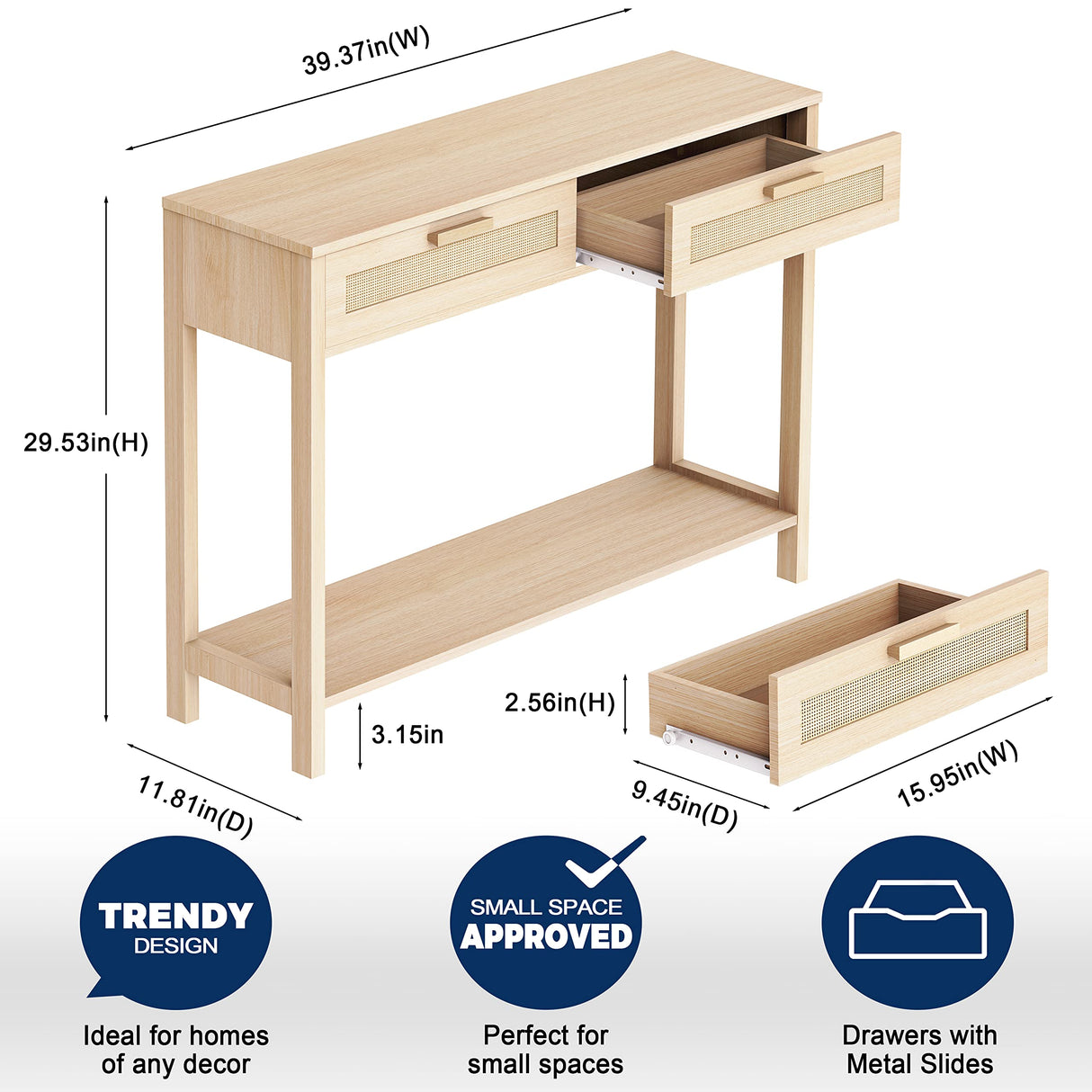 CREATIVELAND Console Table, 2 Drawers Hamilton Rattan Console Table, Entry Storage Rustic Sofa Side Table for Living Room, Entryway, Hallway Foyer, Durable Modern Wood Furniture Decorative