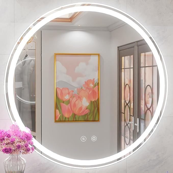 28 Inch Round LED Mirror, Dimmable Round Lighted Bathroom Mirror