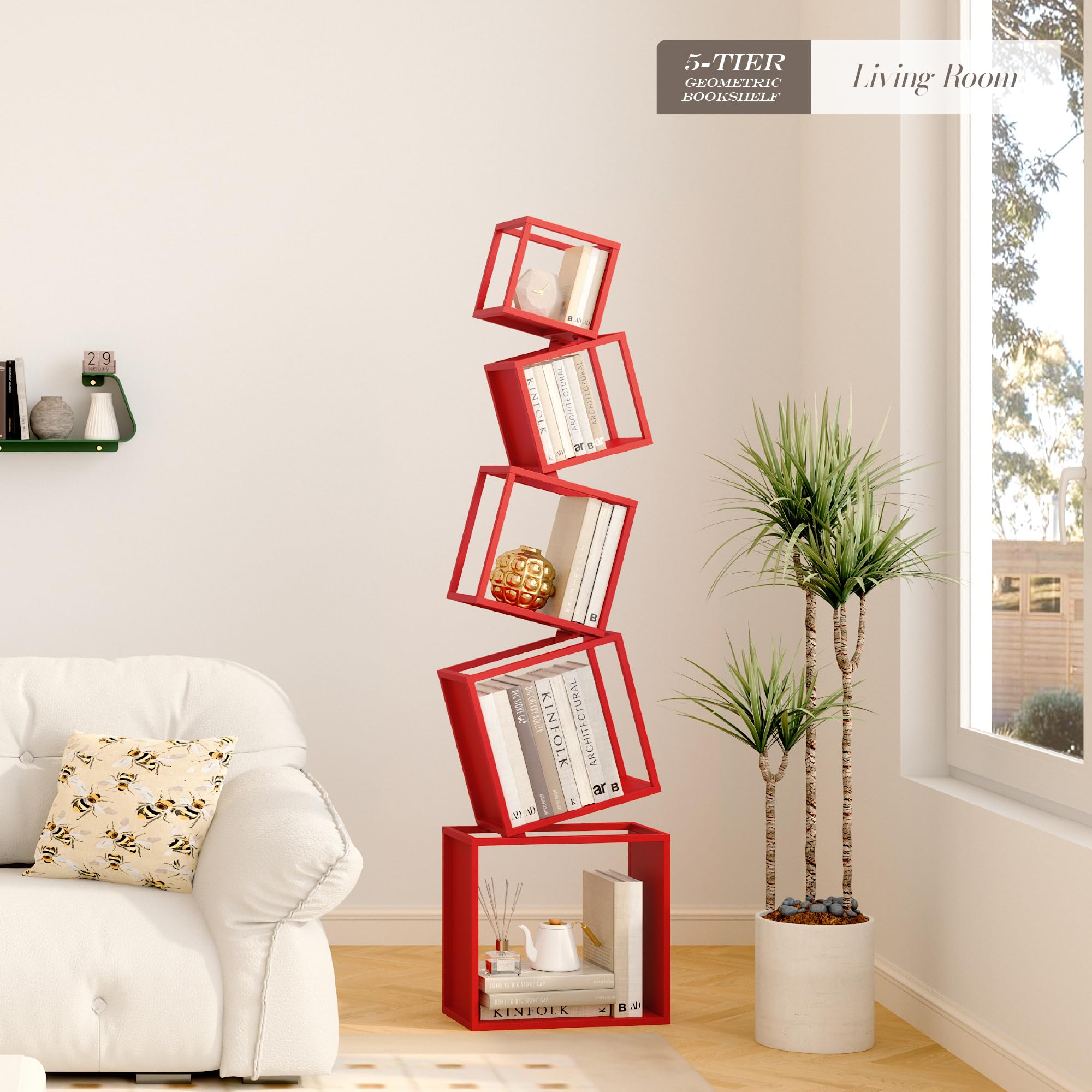 Bookshelf, 5-Tier Geometric Bookcase, 70.6" Tall Red Book Organizer,