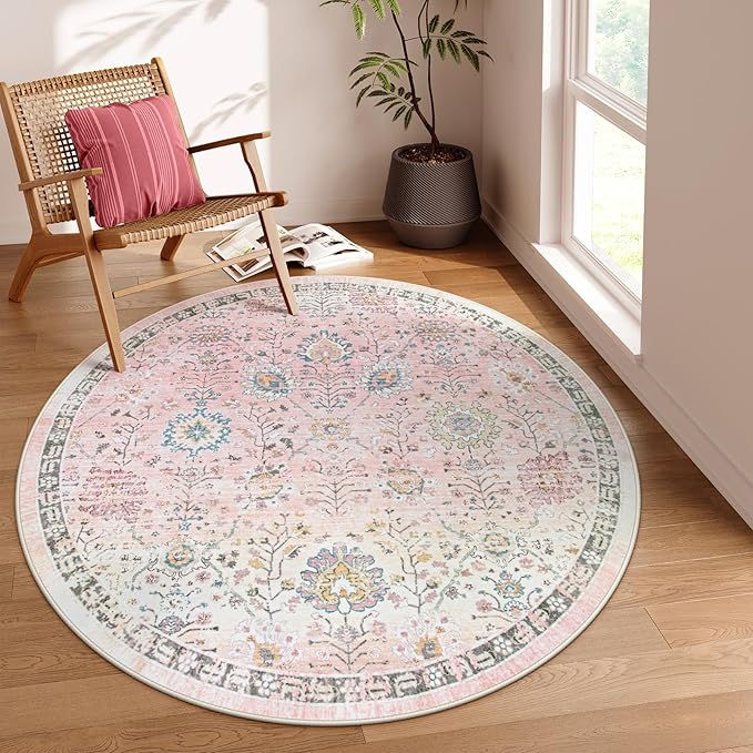 Pink Boho Area Rug, 8x10 Pink Rugs for Bedroom Girls Large Living Room Area Rugs Soft Floral Playroom Rug, Washable Rugs 8x10 Non Slip Pastel Rug for Bedroom Living Room Pink Carpet