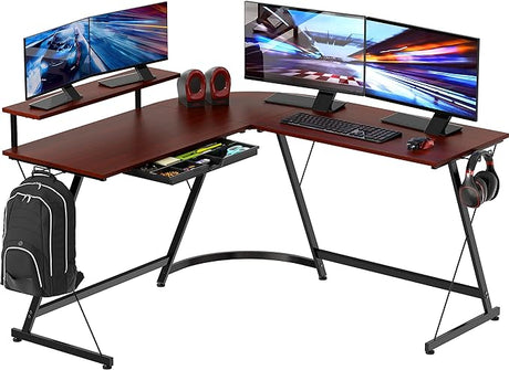 Vista L-Shape Desk with Monitor Stand, Cherry