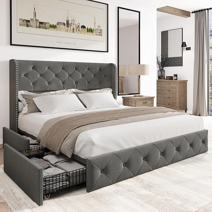 Bed Frame King Size Upholstered Platform Bed with Storage Drawers and Tufted Headboard