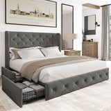 Bed Frame King Size Upholstered Platform Bed with Storage Drawers and Tufted Headboard