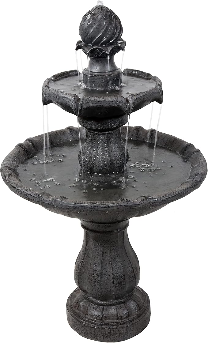 35" 2-Tier Solar Water Fountain - Outdoor Water Fountain with Battery Backup and Pump - White