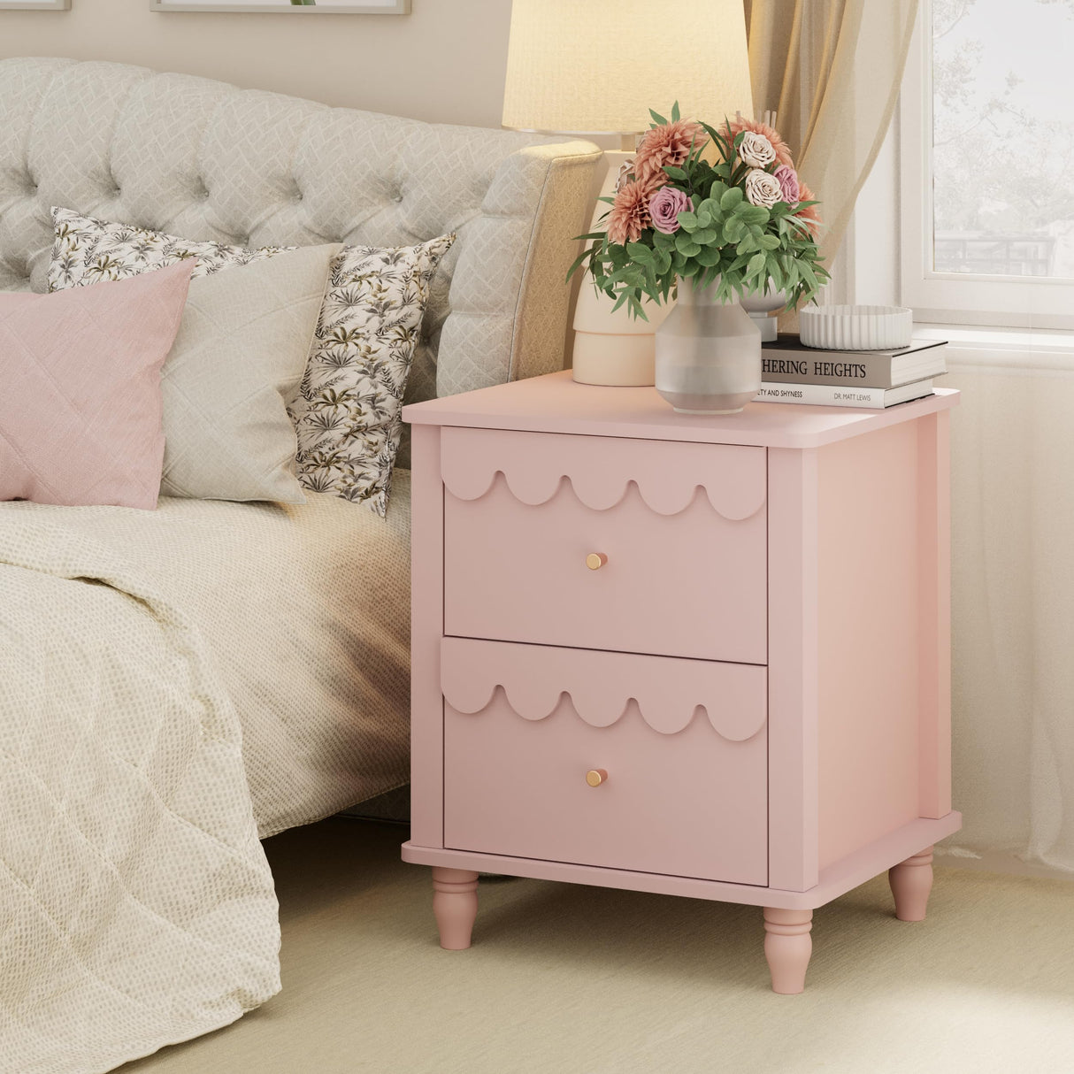 Pink Nightstand Side End Table with 2 Drawers, Modern Night Stand with Petal Pattern for Bedroom, Scalloped Bedside Night Tables with Solid Wood Legs