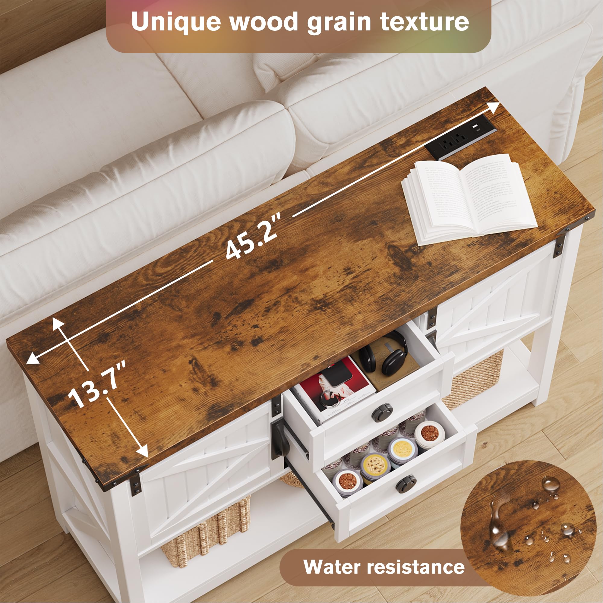 Farmhouse Entryway Table w/Type-C Charging Station, Industrial Rustic Console Sofa Table
