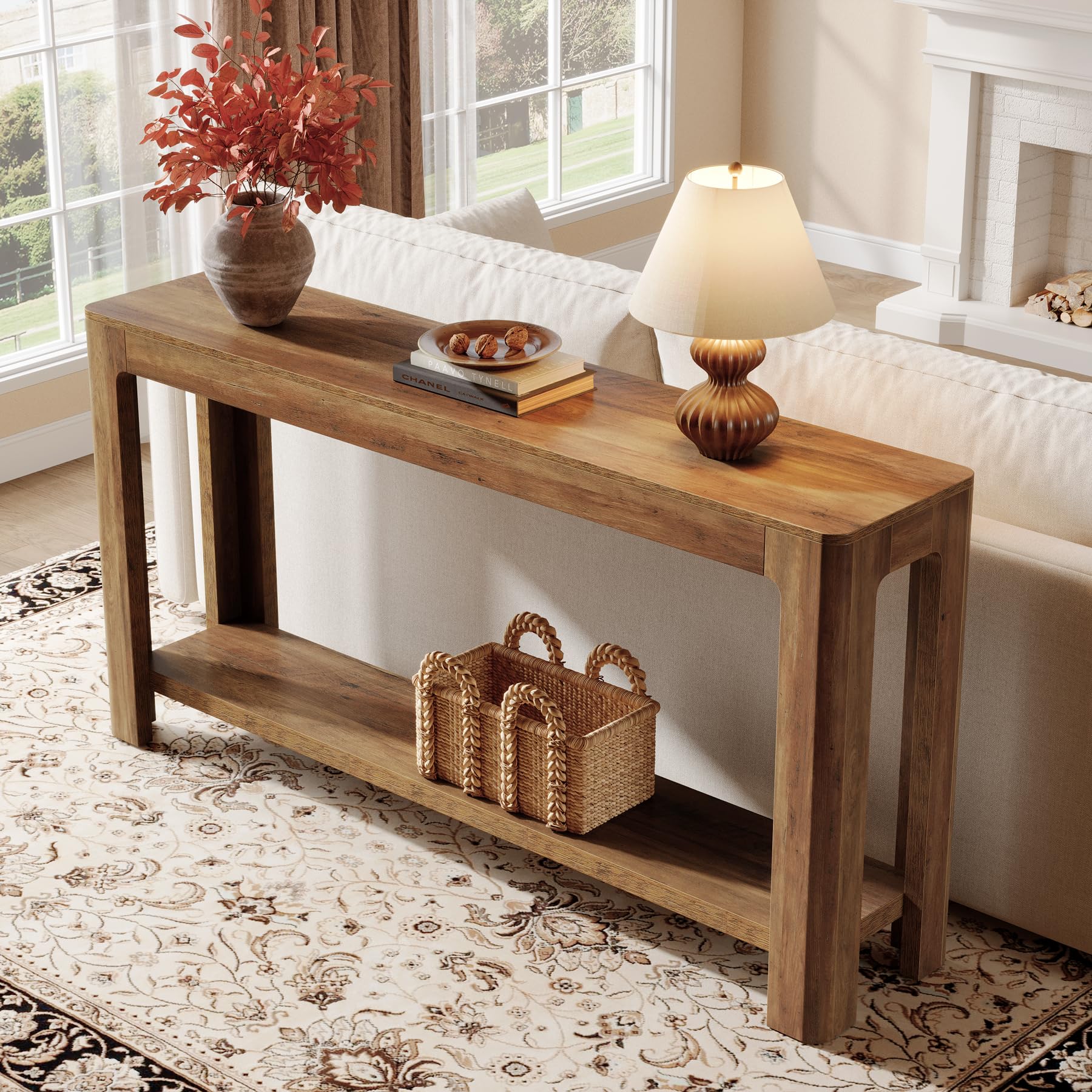 63" Farmhouse Console Table - 2-Tier Entryway Sofa Table, Rustic Brown
