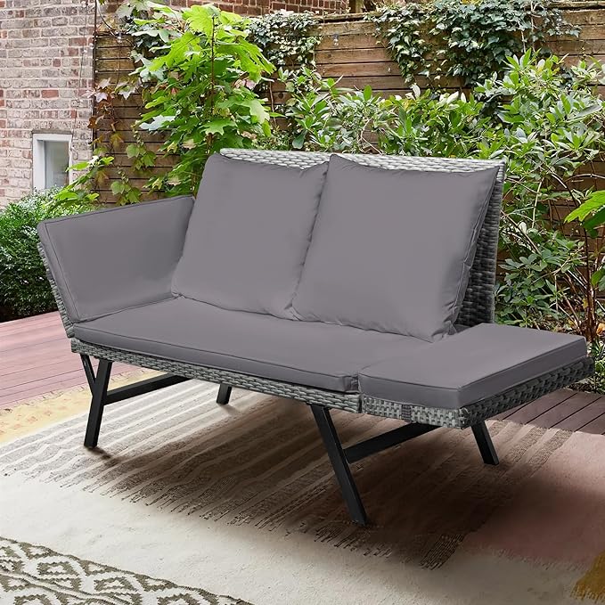 Outdoor Sofa, Woven Rattan Patio Furniture, Convertible Daybed or Double Chair