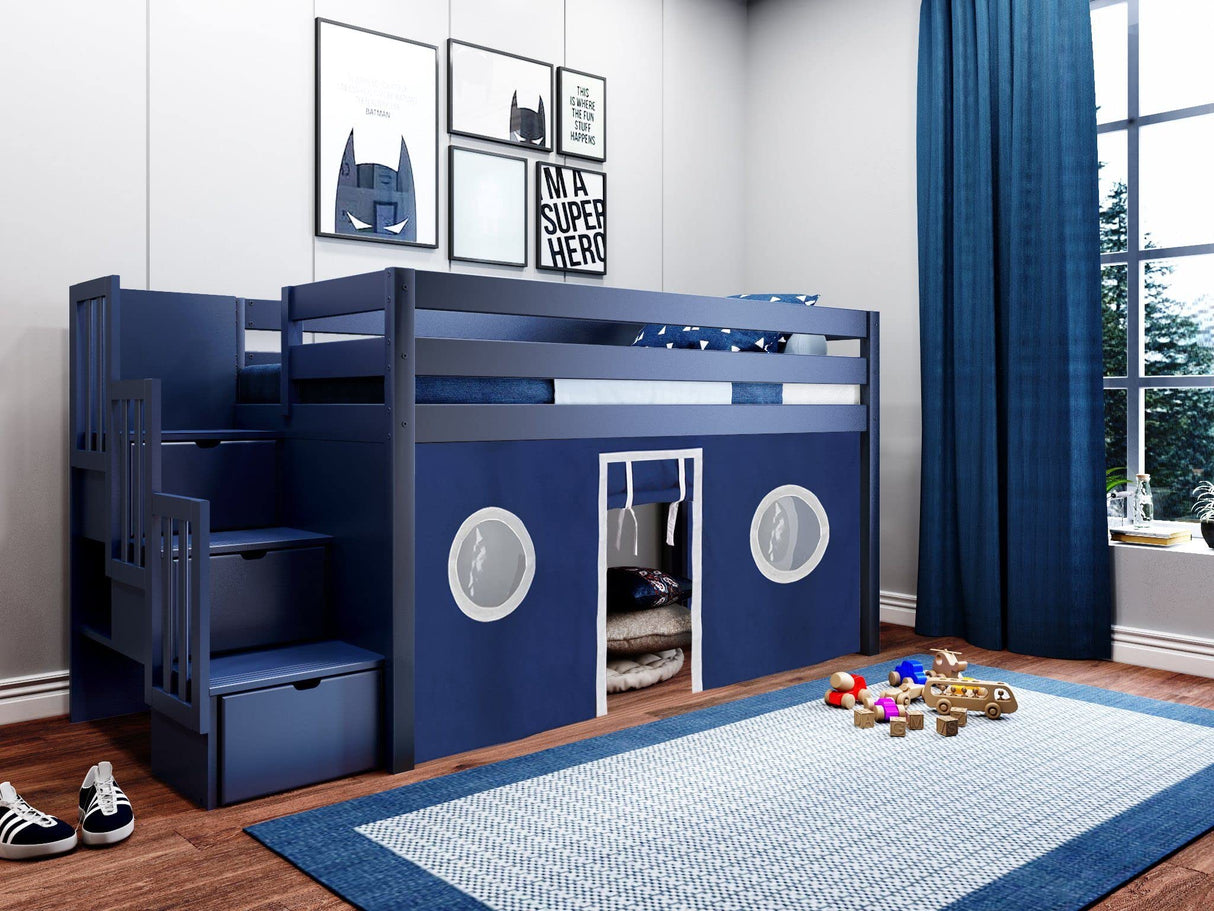 Contemporary Low Loft Twin Bed with a 3 Drawer Stairway, Blue with Blue & White Tent