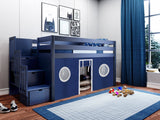 Contemporary Low Loft Twin Bed with a 3 Drawer Stairway, Blue with Blue & White Tent
