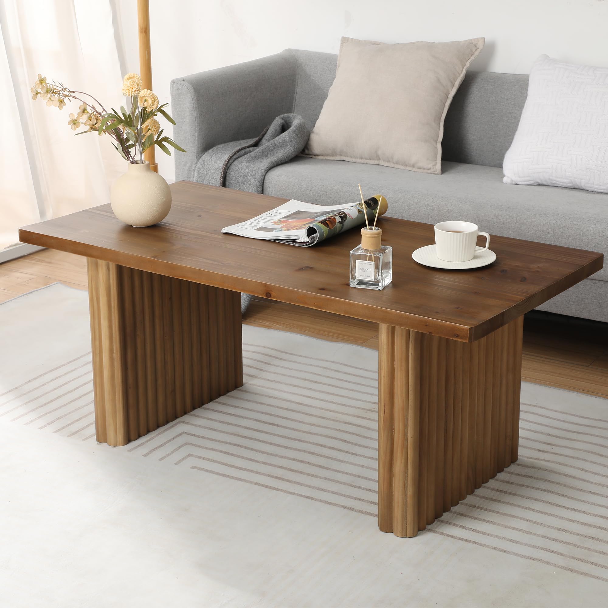 Farmhouse Fluted Coffee Table, Rectangle Solid Wood Living Room Table