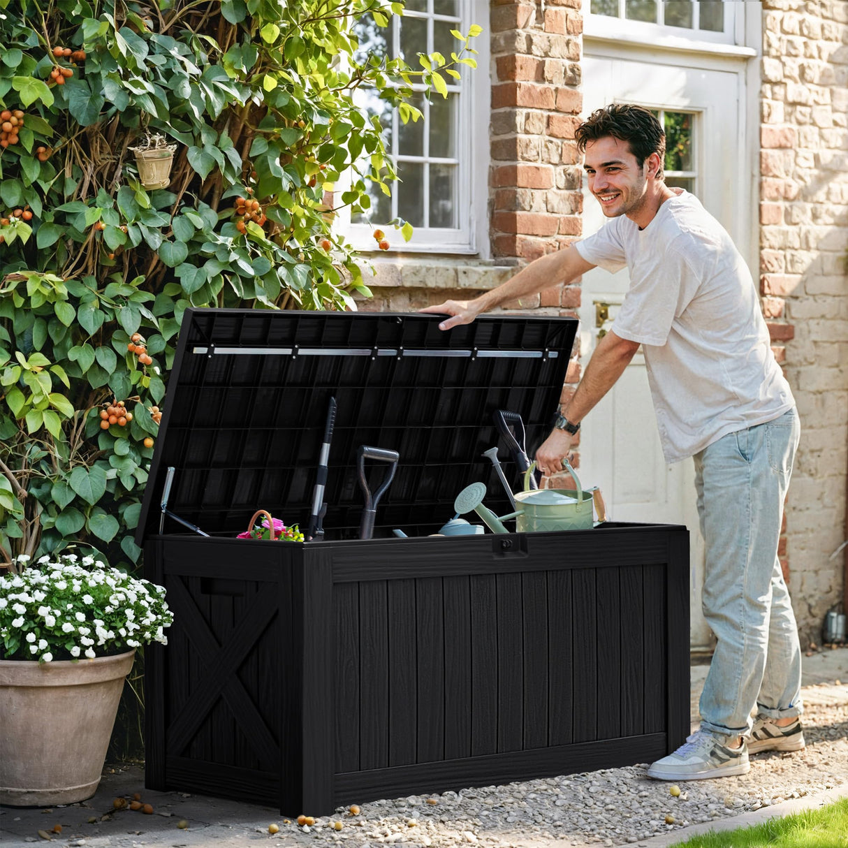 Greesum 120 Gallon Outdoor Storage Box with Lock - Woodgrain Plastic Deck Box, Reinforced Lid & Heavy Duty Design, Easy Assembly for Garden, Patio, Lawn, Black