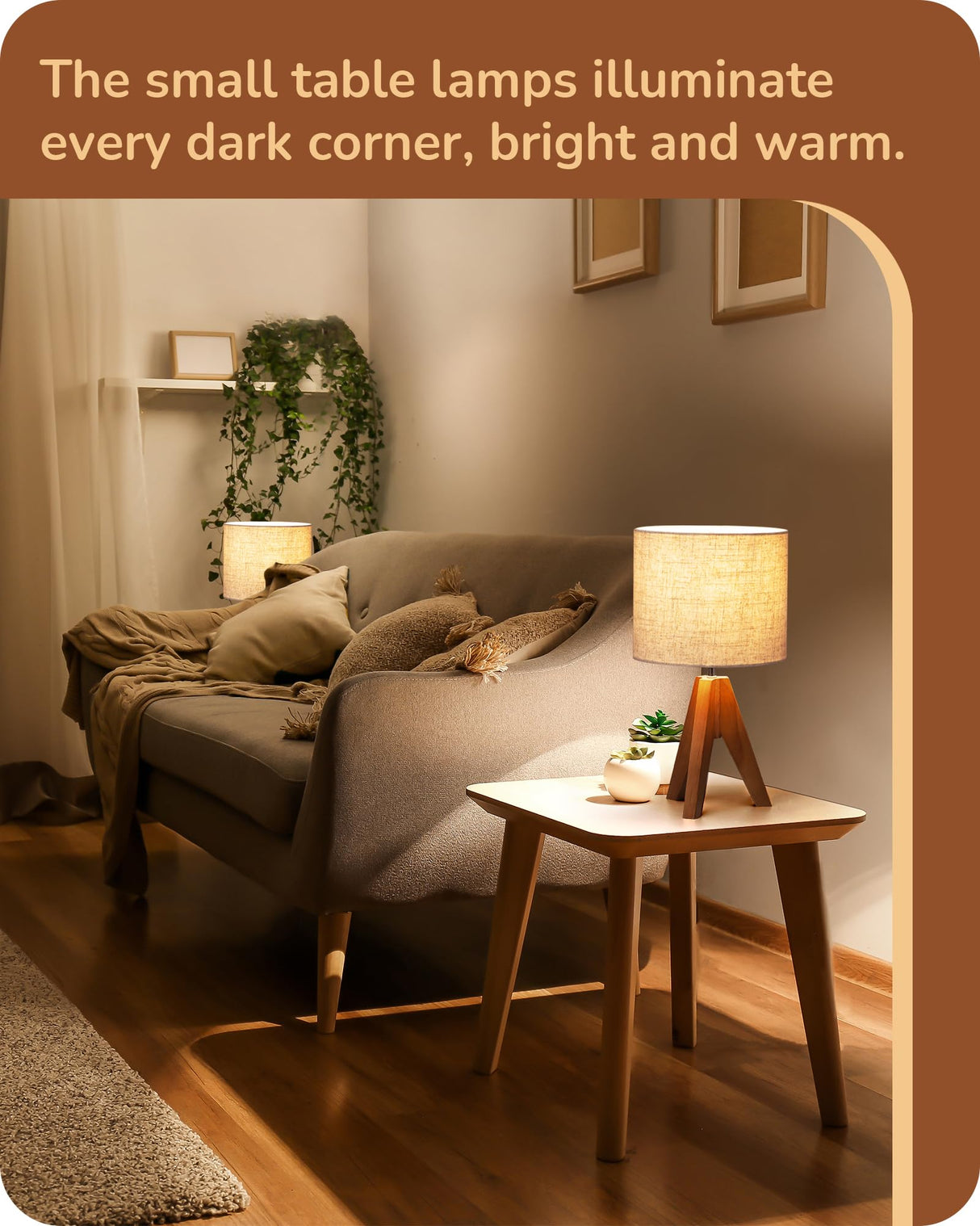 EDISHINE Small Table Lamp, Wooden Tripod Bedside Lamp with Linen Fabric Lampshade, 14.2" Nightstand Lamp for Bedroom, Living Room, Office, 2 Pack