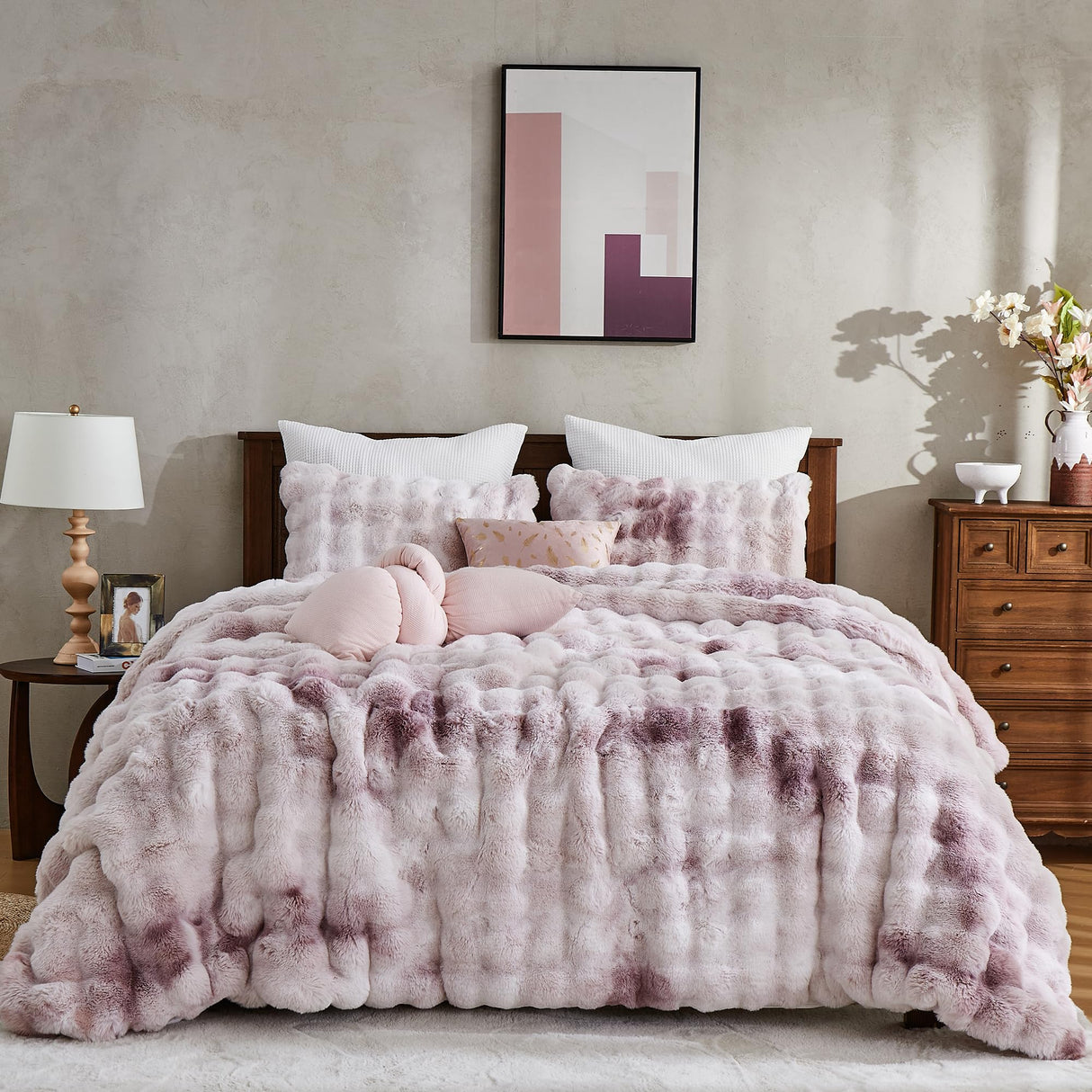 Fluffy Faux Rabbit Fur Bubble Comforter Set Queen Size, Tie-Dyeing Pink Purple Plush