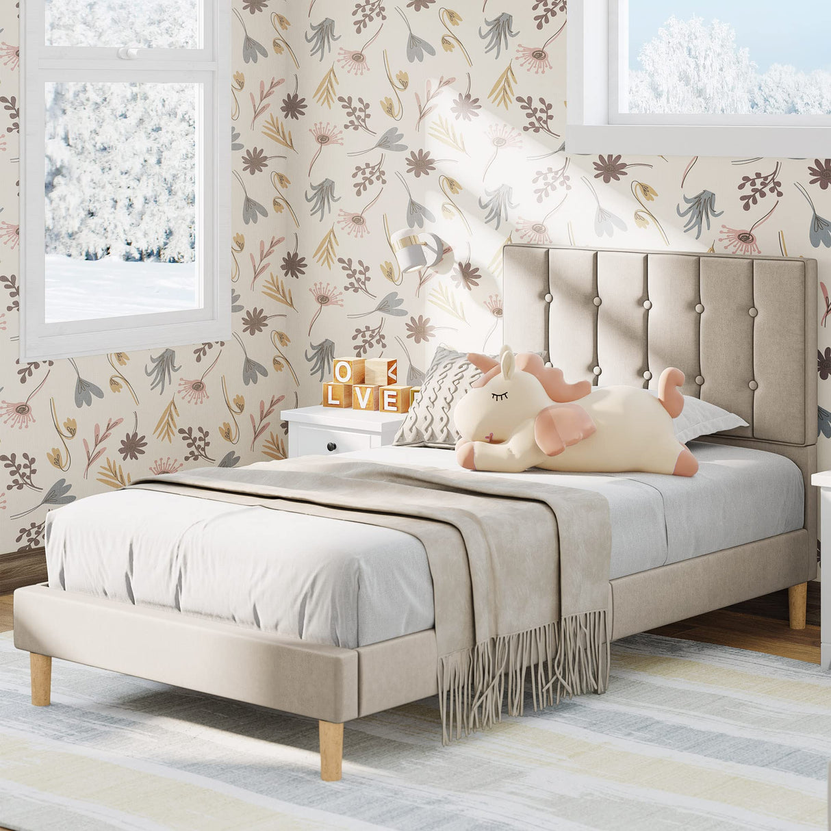 Twin Bed Frames, Velvet Upholstered Platform Bed Frame