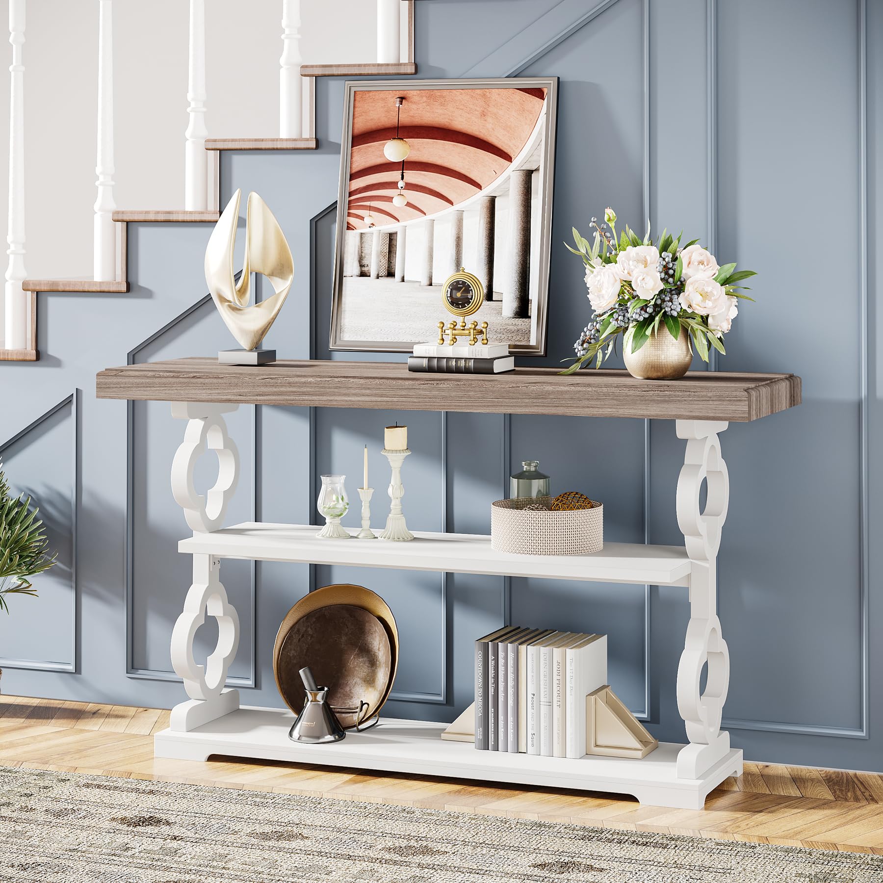 Farmhouse Console Table, 55 inch Long Sofa Table with Storage Shelves, 3 Tier Wood Accent Entry Table for Hallway,