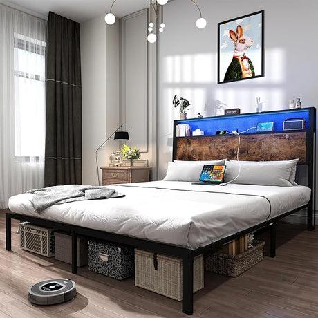Queen Size Bed Frame with 4 Storage Drawers and Headboard with Charging Station and LED Lights