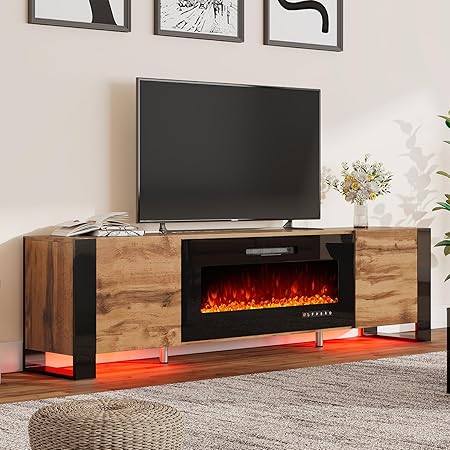 Fireplace TV Stand with 40" Fireplace, 80" Modern High Gloss Entertainment Center LED