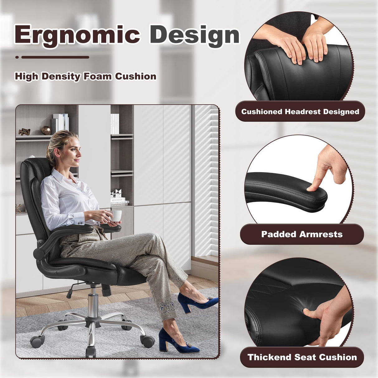 Executive Office Chair, Ergonomic High Back with Adjustable Flip-up Armrest, Swivel