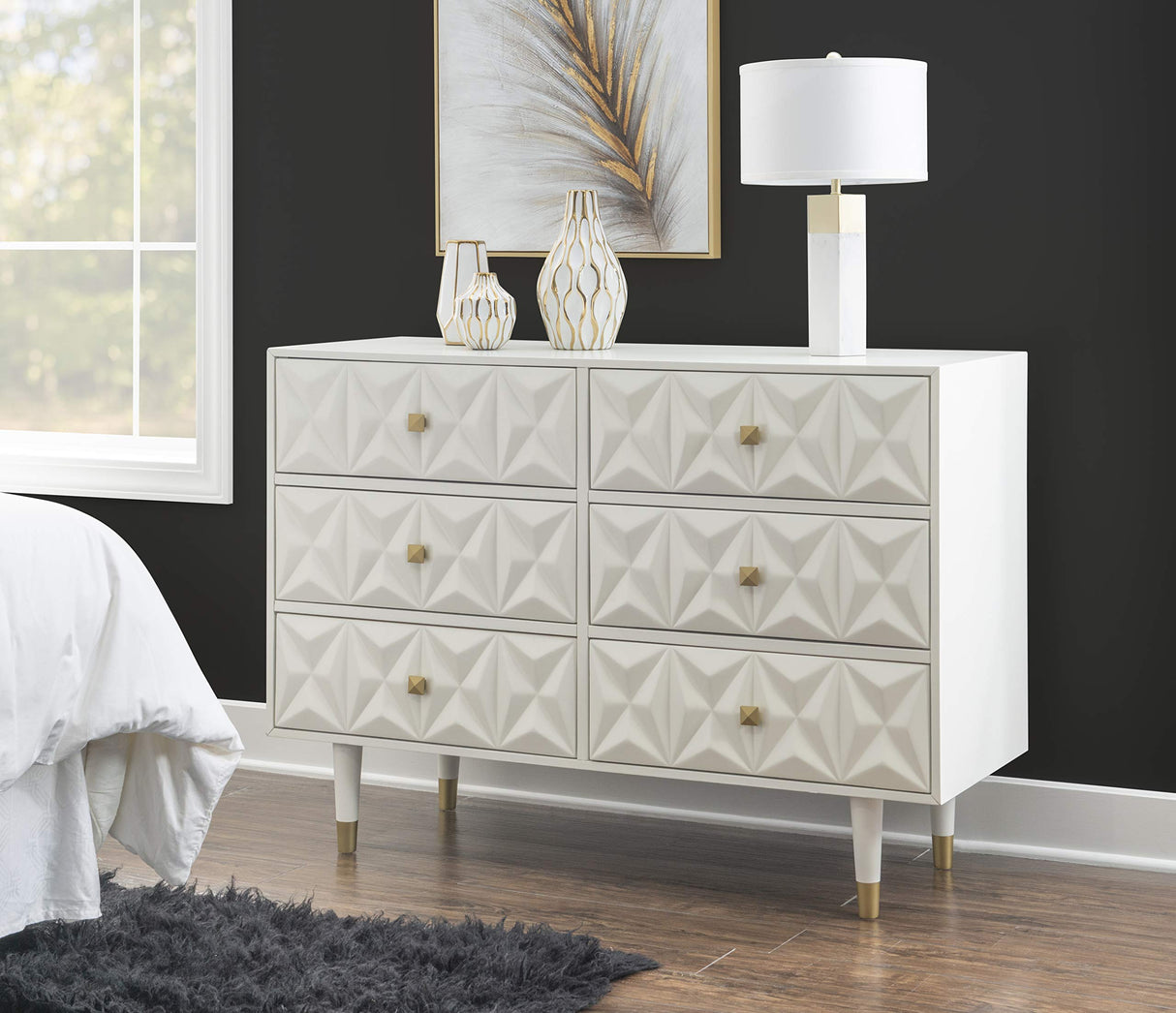 Home Décor Sheerah Six Drawer Geo Texture White Dresser, Gold