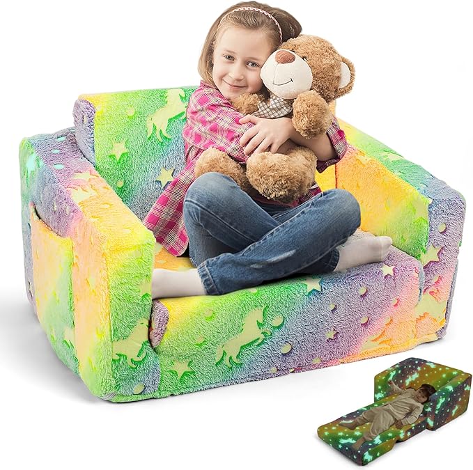 Foldable Kids Couch, 2-in-1 Kids Sofa Fold Out Couch & Bed Kids Recliner Chair for Playroom