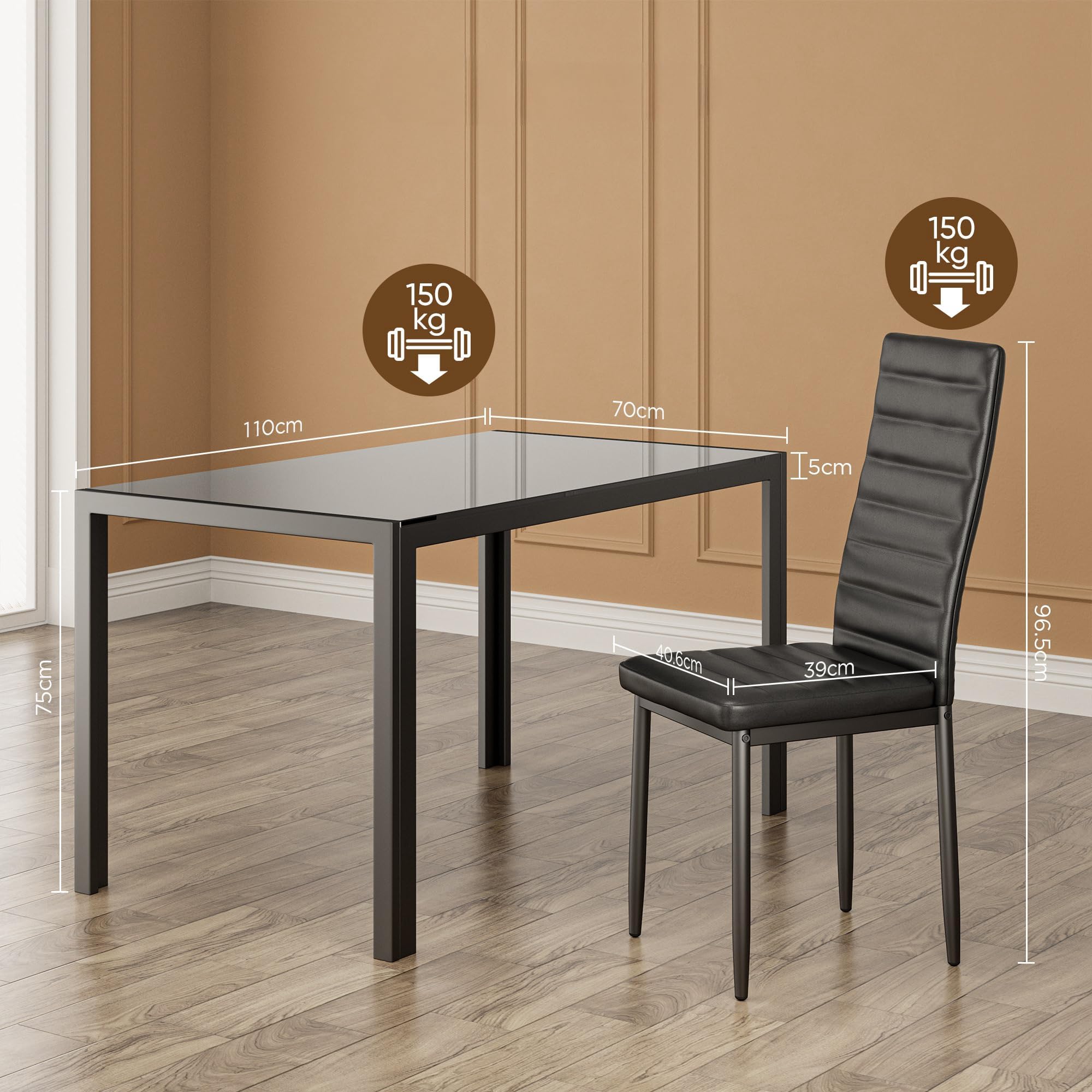 5-Piece Tempered Glass Dining Table Set for 4 - Modern Black Kitchen Table with Chairs