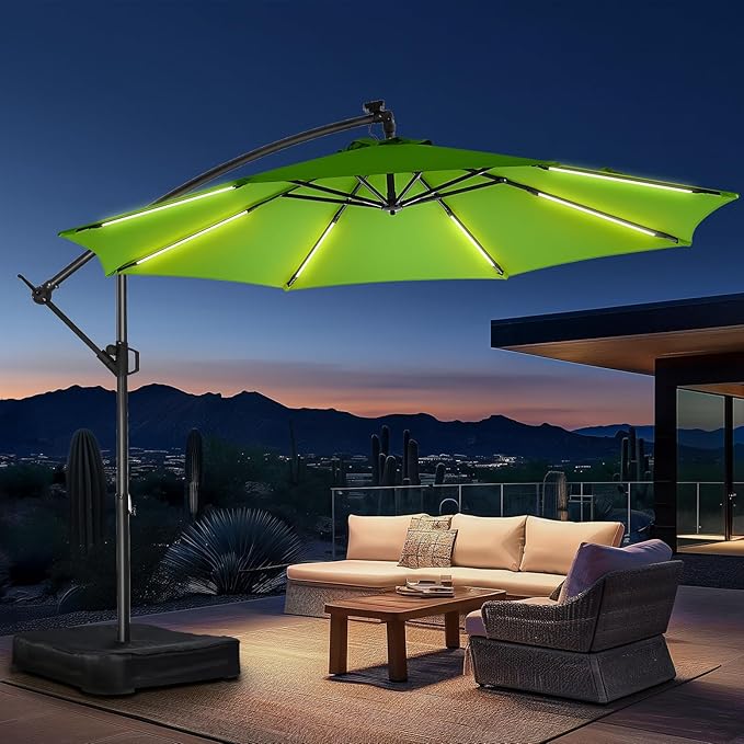 10ft Solar Lights Offset Cantilever Patio Umbrella - with Light and Base, LED Lighted