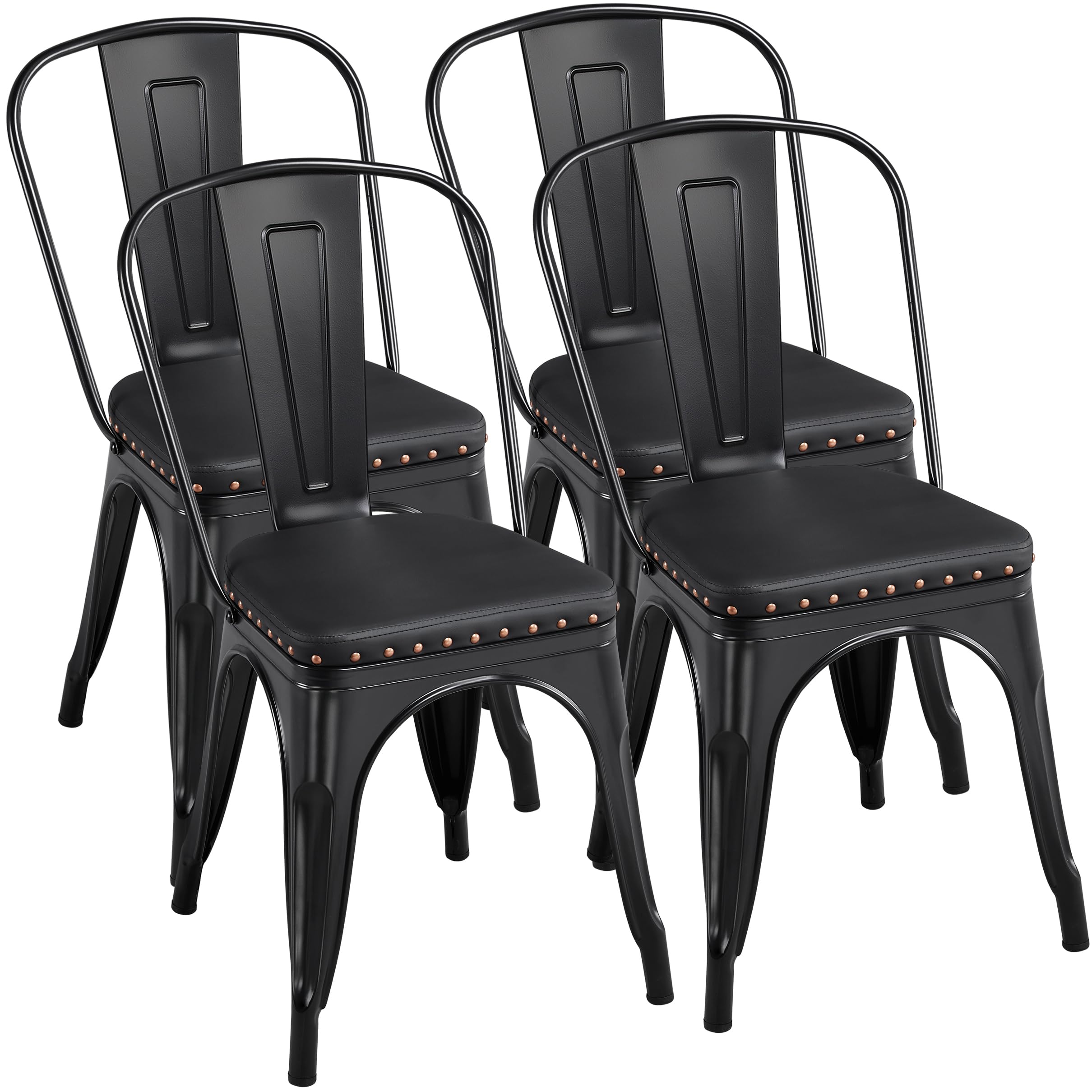4pcs Metal Dining Chairs with PU Leather Seat High Back Soft Cushioned Industrial Classic Iron Chairs