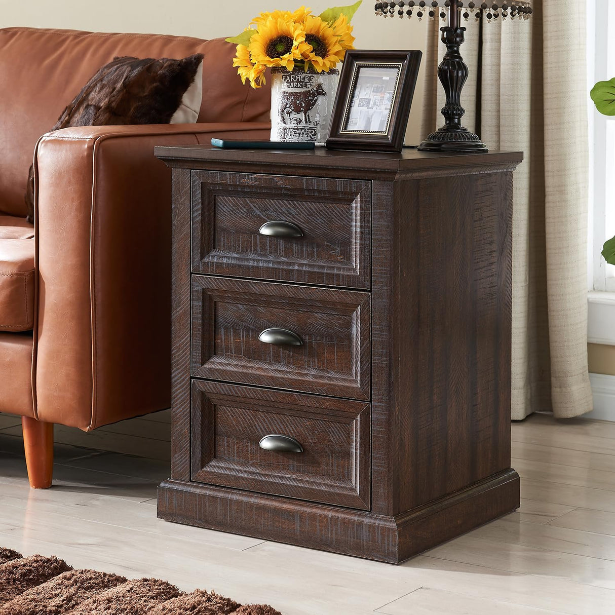 Farmhouse Nightstand with Charging Station, 3 Drawer Dresser for Bedroom