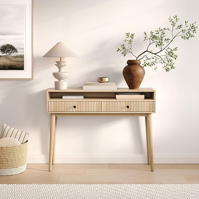 Fluted Console Table with Swing Doors - Small Entry Desk for Narrow Spaces