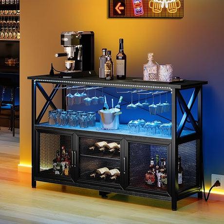 Wine Bar Cabinet with LED Lights Power Outlets, Industrial Coffee Bar Cabinet