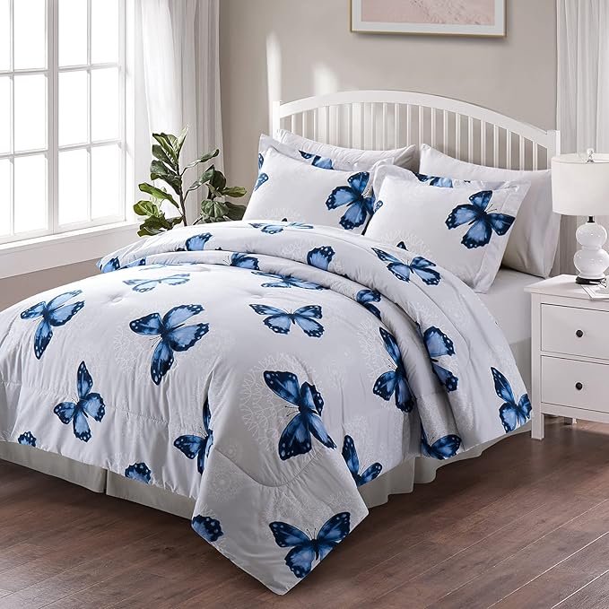 Bed in A Bag King Size 7 Pieces, Purple Paisley Butterfly Bedding Comforter Set All Season