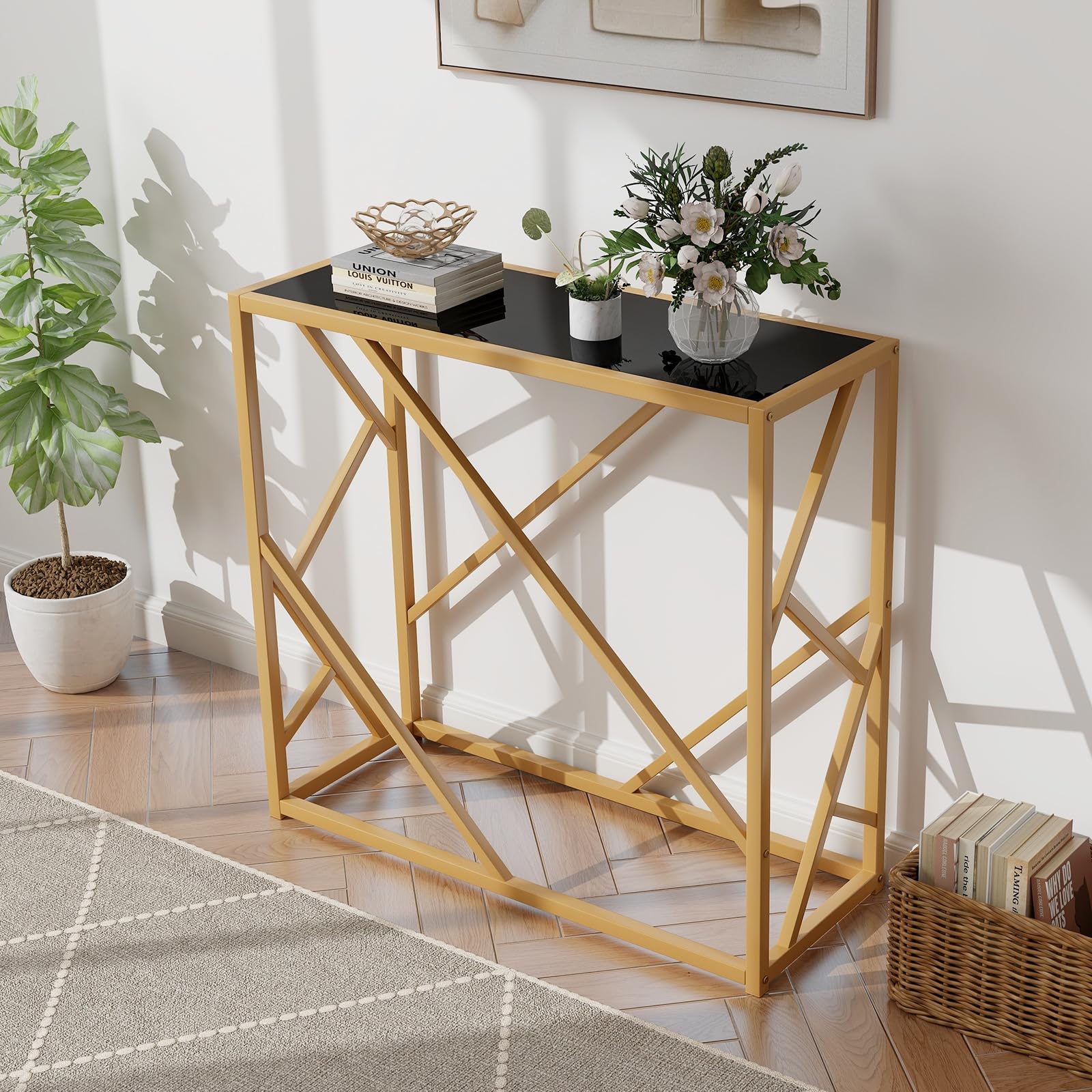 31.5" Gold Entryway Console Table - Narrow Sofa Side Table w/Metal Frame & Tempered